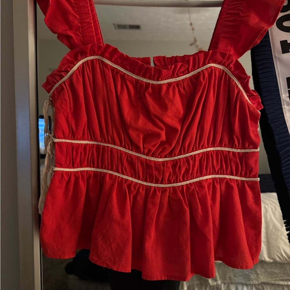 ❤️ Anna Grace Red Ruffle-Shoulder Peplum Top - Picture 4 of 12